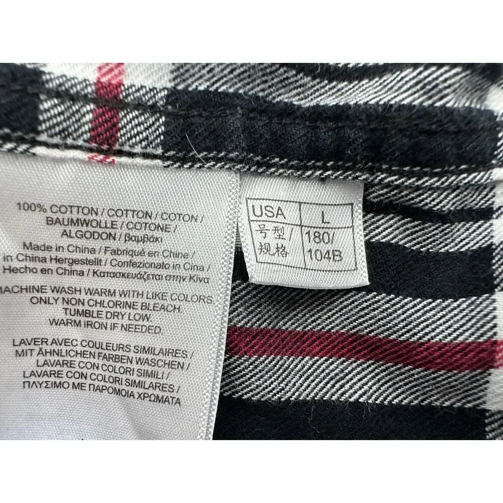 Brooks Brothers 346 L Plaid Button Down Men's Black White Red Cotton Flannel